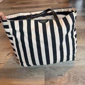 Victoria Secret Canvas Black White Stripe Logo Travel Beach Tote Weekender Bag
